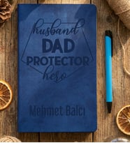 Kişiye Özel  Husband Dad Protector Hero Defter Babalar Günü Hediyesi (Mavi)