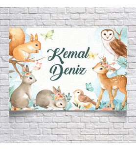 Ormanda ki Sevimli Hayvanlar Temalı Doğum Günü Afişi