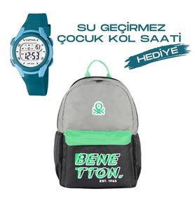 Çocuk Kol Saati Hediyeli Benetton Büyük Kapasiteli Çocuk Okul Çantası B.NT.03841 (Çok Renkli)