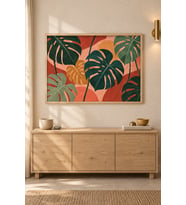 Mercan Zeminde Monstera Boho Yapraklar Ahşap Çerçeveli Duvar Tablosu