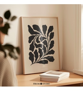 Orta Yüzyıl Soyut Botanik Yapraklar, Siyah ve Bej Modern Sanat