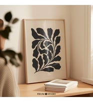Orta Yüzyıl Soyut Botanik Yapraklar, Siyah ve Bej Modern Sanat