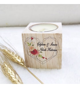 30 Adet Ahşap Mumluk Nikah Hediyeliği UV Baskılı Kalp Desen 5x5-