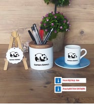 Uykucu Panda Hediye Sepeti Kalemlik, Türk Kahvesi Fincanı Kırmızı, Ahşap Anahtarlık Hediye (Model 3)