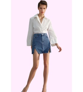 Kadın Denim Mini Etek A line Kalıp Yırtmaçlı Pamuklu Günlük Stil Yaz Aylarının Vazgeçilmezi (Mavi)