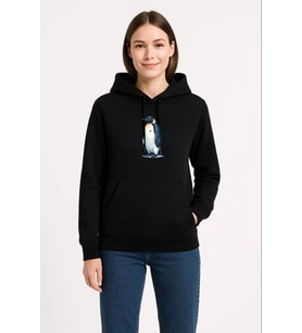 Kadın 3 İplik Pamuklu Kapüşonlu Hoodie Sweatshirt Survivor Penguen Baskılı - Siyah
