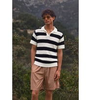 Erkek Oversize Kalın Örgü Polo Yaka Triko Fileli Tişört Çizgili Vintage Yazlık Rahat Fit