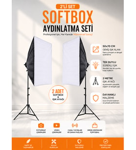 Rabsev 2'li Softbox Aydınlatma Seti 50x70 cm 2 Metre Işık Ayağı Fotoğraf Video YouTube Canlı Yayın
