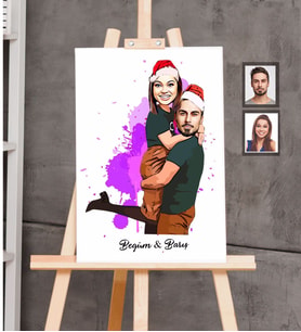 Kişiye Özel Yılbaşı Sevgili Karikatürlü Kanvas Tablo 20x30 Model-6