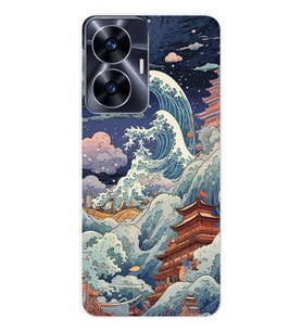 Realme C55 Uyumlu Kanagawa Dalga Kolaj Desenli Şeffaf Telefon Kılıfı