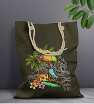 BK Gift Yaz Temalı Haki Halat Saplı Kumaş Plaj Çantası -2, Baskılı Omuz Çantası, Alışveriş Çantası, Arkadaşa Hediye, Sevgiliye Hediye