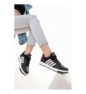 Unisex Siyah Beyaz Termo Taban Şeritli Bağcıklı Spor Ayakkabı