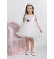 Minimony 5-10 Yaş Pembe Pullu Kız Çocuk Elbise Bayramlık Mezuniyet Balo Abiye Gelinlik 5003