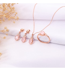 925 Ayar Gümüş Gül Kuvars Taşlı Oval Set