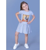 Toontoy Kız Çocuk Dijital Baskılı Taş İşlemeli Elbise ( Gri-Melanj)