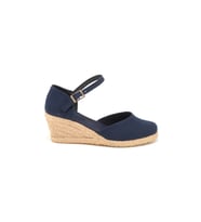 Gerçek Elişi Topuğu Kapalı Bilekten Bantlı Keten Espadril Dolgu Topuk Handmade (Lacivert)
