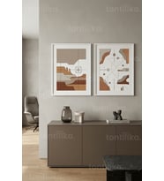 Modern Toprak Tonları Soyut Geometrik 2’li Ahşap Çerçeveli Tablo Seti