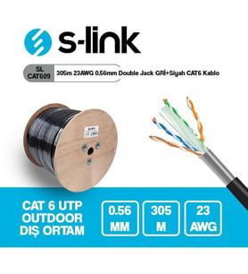 S-link SL-CAT609 305m 23AWG 0.56mm CCA Double Jack GRİ+Siyah CAT6 Kablo