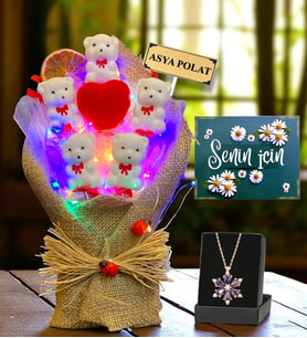 Premium Hediye Seti Gerçek Ametist Taşlı Lotus Kolye ve Renkli Led Işıklı Ayıcık Buketi  Şık ve Anlamlı Hediye