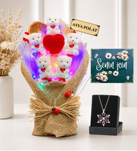 Premium Hediye Seti Gerçek Ametist Taşlı Lotus Kolye ve Renkli Led Işıklı Ayıcık Buketi  Şık ve Anlamlı Hediye