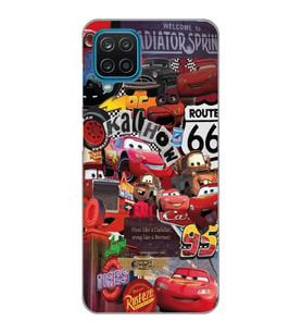 Samsung Galaxy A12 Uyumlu Şimşek McQueen Kolaj Tasarımlı Şeffaf Telefon Kılıfı