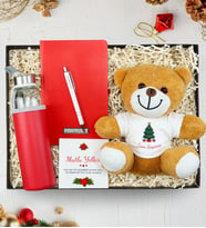 Kişiye Özel Kırmızı Defter & Özel Deri Kılıflı 500 Ml Kırmızı Su Matarası & Yeni Yıl Tasarımlı Peluş Ayıcık & Gümüş Renk Detaylı Beyaz Tükenmez Kalem Yeni Yıl Hediye Seti