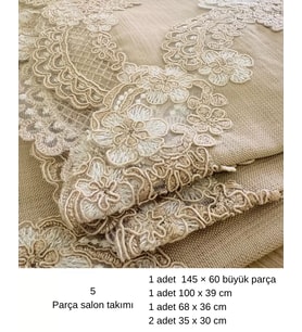 Kapiçino Çeyizlik Firuze Model 5 Parça Keten Dantelli Runner Seti Salon Takımı