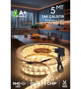 Şerit Led 5 Metre Gün Işığı 3 Çipli Aydınlatma Mutfak Salon Yatak Odası Led ışık