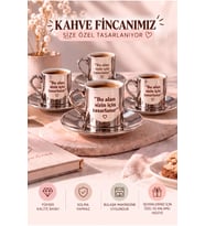 Premium Silver 4'lü Türk Kahvesi Fincanı 8 Parça Kişiye Özel Tasarım Fotoğraf Logo İsim Baskılı