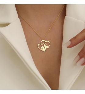 925 Ayar Gümüş Kalp Detaylı Anne ve Bebek Kolye (Gold)