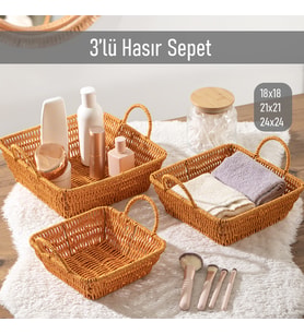 Porsima 303-A Kare 3'lü Hasır Sepet Dekoratif Ev Düzenleyici Kendinden Kulplu Hasır Sepet Seti Banyo Düzenleyici Sepet