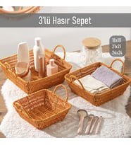 Porsima 303-A Kare 3'lü Hasır Sepet Dekoratif Ev Düzenleyici Kendinden Kulplu Hasır Sepet Seti Banyo Düzenleyici Sepet