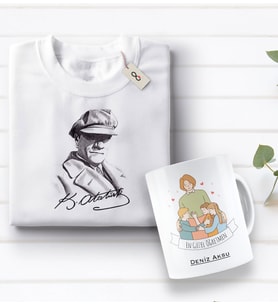BK Gift Kişiye Özel Öğretmenler Günü Tasarımlı Kupa Bardak ve Atatürk Baskılı Tişört Hediye Seti- 1-8, Öğretmene Hediye, Öğretmenler Günü, 100. Yıl Hediyesi