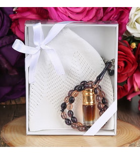 Hediyelik Takke, 33 lü Tesbih, Alkolsüz Esans 3 ml Asetat kutulu 12*15 cm 261 gram-Beyaz