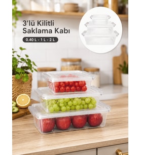 Beylini 3'lü Kilitli Saklama Kabı İç Dış Kullanım 0.40 1 2 Litre Yer Kaplamaz Dikdörtgen Erzak Salata Saklama Kutusu