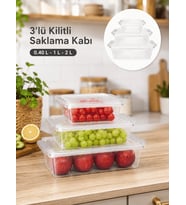 Beylini 3'lü Kilitli Saklama Kabı İç Dış Kullanım 0.40 1 2 Litre Yer Kaplamaz Dikdörtgen Erzak Salata Saklama Kutusu
