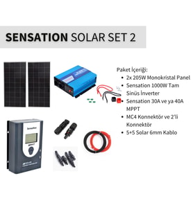 Sensation Solar Set Paket 2 (Karavan, Bağ Evi) Monokristal Güneş Paneli-Mppt-İnverter Tam Sinüs