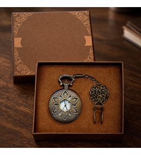 Geometrik Oymalı Tasarım - Köstekli Zincirli Cep Saati - Vintage Bronz