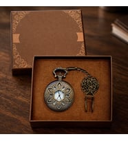 Geometrik Oymalı Tasarım - Köstekli Zincirli Cep Saati - Vintage Bronz
