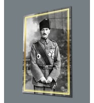 Atatürk Üniformalı Siyah Beyaz Cam Tablo Hediyelik Büyük Tablo Ev Ofis Dekoru