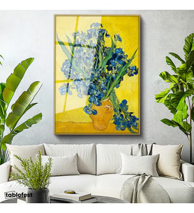 Altın Renk Metal Çerçeveli Tamperli Cam Tablo Vincent van Gogh Mavi İrisler Sarı Fonlu Vazo Ressam Tablosu Dekoru