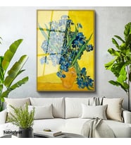 Altın Renk Metal Çerçeveli Tamperli Cam Tablo Vincent van Gogh Mavi İrisler Sarı Fonlu Vazo Ressam Tablosu Dekoru