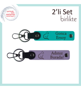 Tatlı Patilere Saygı Hediyesi, Kedili Temalı, Kişisel Yazılı Deri Anahtarlık Seti, Koyu Turkuaz-Mor