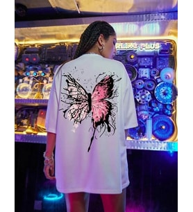 Kadın Tişört Kelebek Baskılı Oversize Kısa Kol T-Shirt - Beyaz