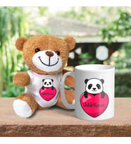 Kişiye Özel Tasarım Panda Baskılı Peluş Ayı Ve Kupa Bardak