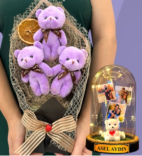 Sizlere Özel Led Işıklı Fanus ve Büyük Boy Mor Peluş Ayıcık Buketi - Premium Hediye Seti (Model 3)