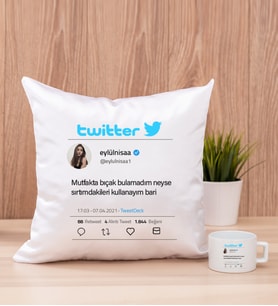 Kişiye Özel Twitter Tasarım Fotoğraflı Kare Yastık ve Fincan