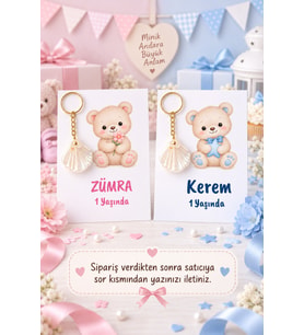 AYICIK MODEL 15 Adet Kartlı İstiridye Anahtarlık - Doğum Günü Hediyelik Hoşgeldin Bebek Hediyeliği