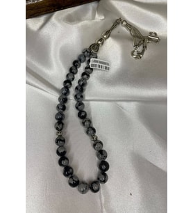 Tespih Obsidyen Doğal Taş Tesbih Gümüş İmameli Aura Taşı Ahşap Kutulu