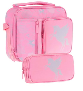 Kaukko Kids Kız Çocuk Pembe Bulut Desenli Üç Bölmeli Thermo Beslenme Çantası ve Kalemlik Seti (L7218+L8218)